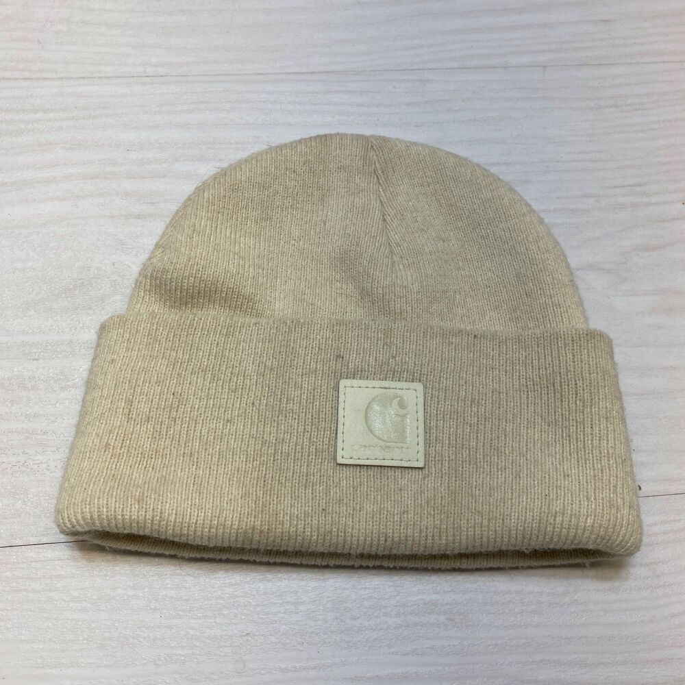 Carhartt‎ Youth Kids One Size Beanie Winter Hat Ivory Acrylic Folded Cuff Logo